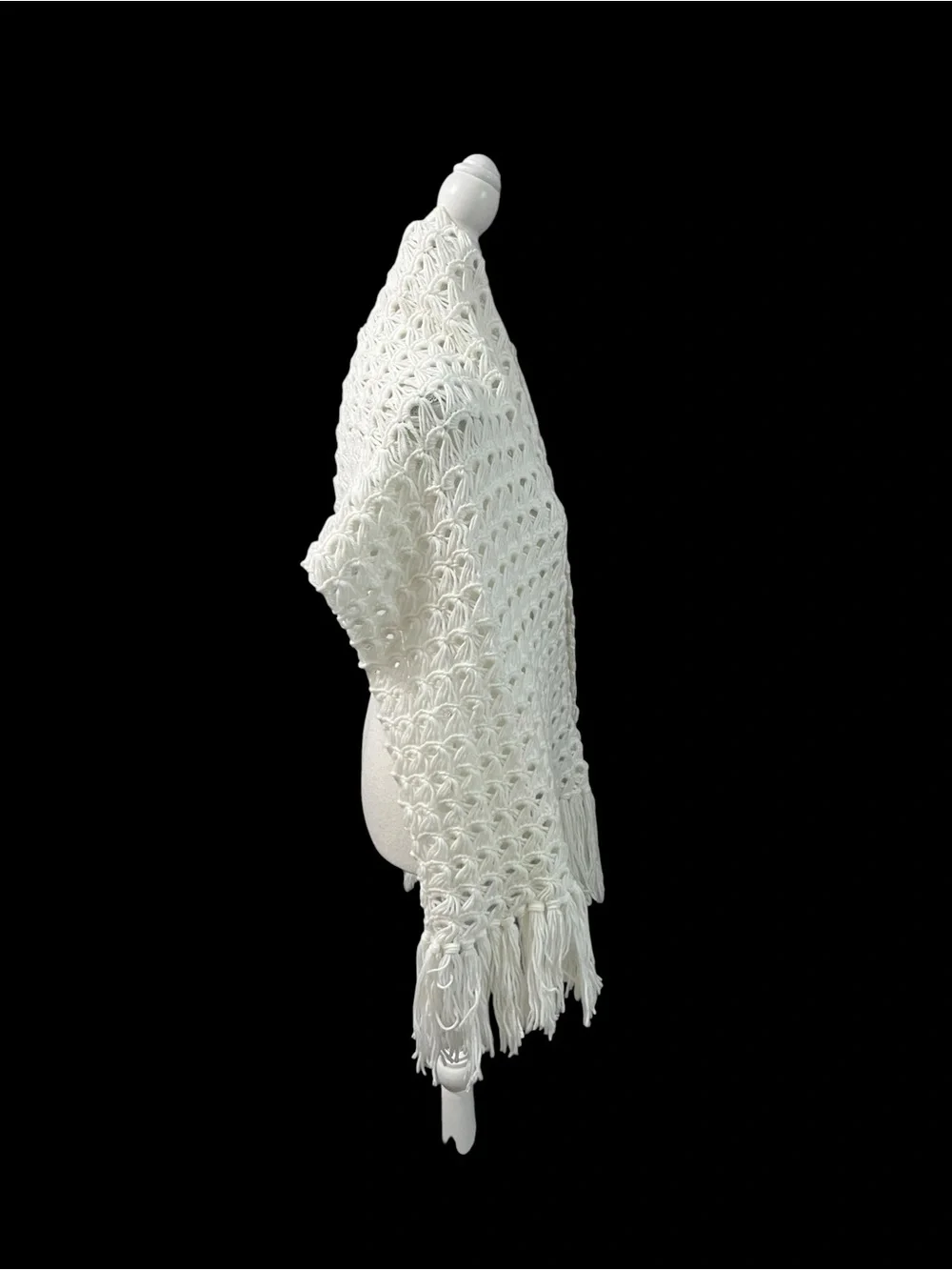 Vintage Hand Crochet Shawl Wrap Open Knit White Fringe